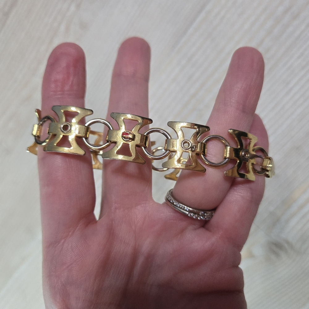 Vintage Gold-Tone Link Bracelet Geometric Cross Design